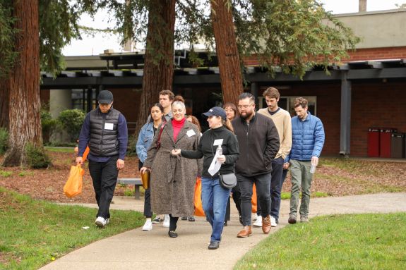 Students getting a tour of a campus 