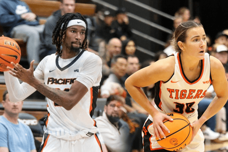 composite image of a men's and women's basketball player on the court