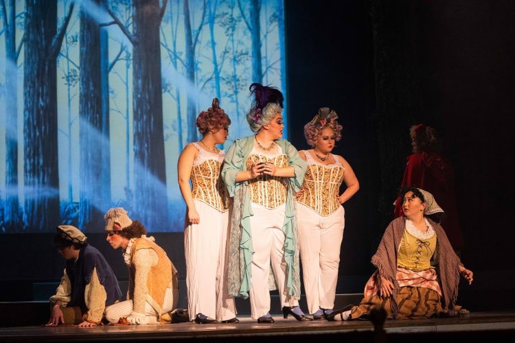 students stand on stage in a performance of "Into the Woods"