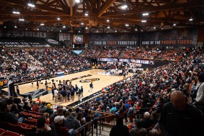 large crowd inside Alex G. Spanos Center