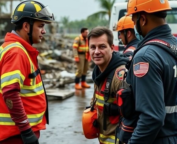 Image shows three emergency responders standing near the site of an incident.